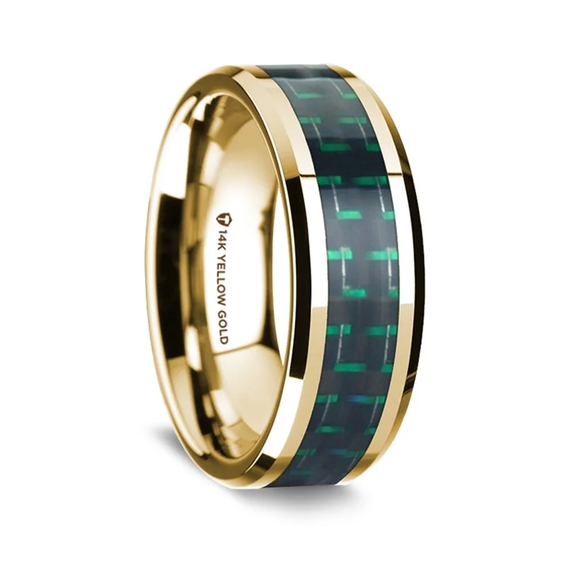 Elegant rings for every occasion-14k Yellow Gold Men's Wedding Band with Black & Green Carbon Fiber Inlay