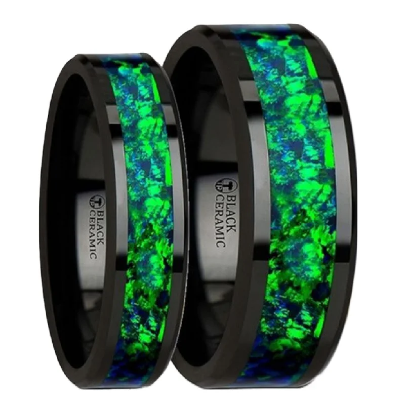 Contemporary rings for women-Black Ceramic Couple's Matching Wedding Band Set with Green & Blue Opal Inlay