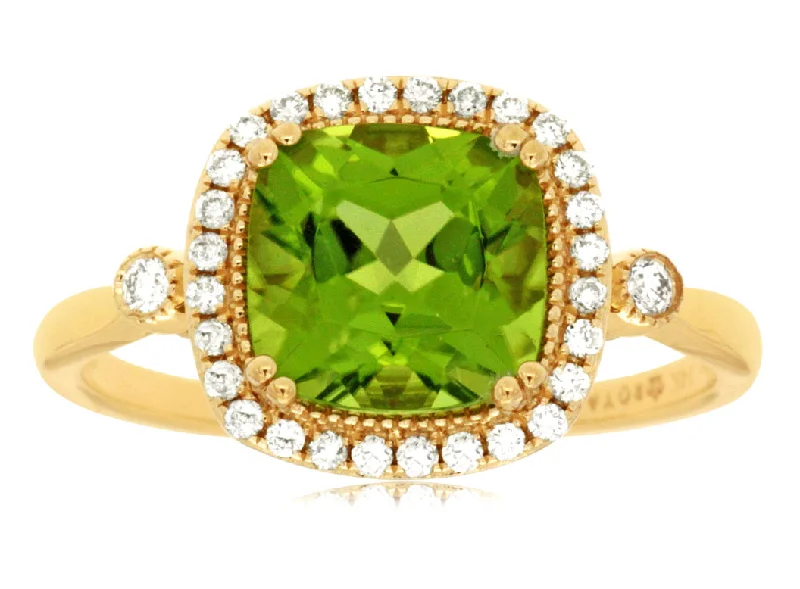 Custom engagement rings with diamond pave-Cushion Cut Peridot and Diamond Halo Ring