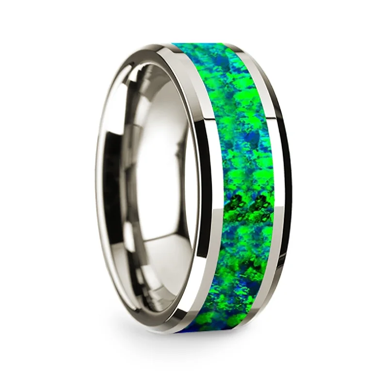 Affordable sterling silver rings-14k White Gold Men's Wedding Band with Blue and Green Opal Inlay