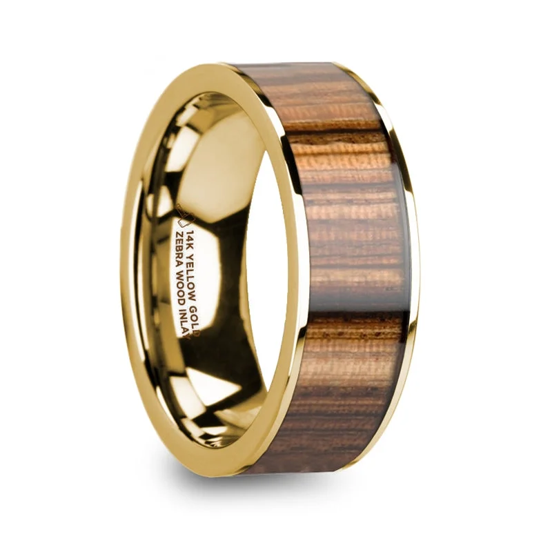 Classic diamond rings for women-14k Yellow Gold Men's Wedding Band with Zebra Wood Inlay