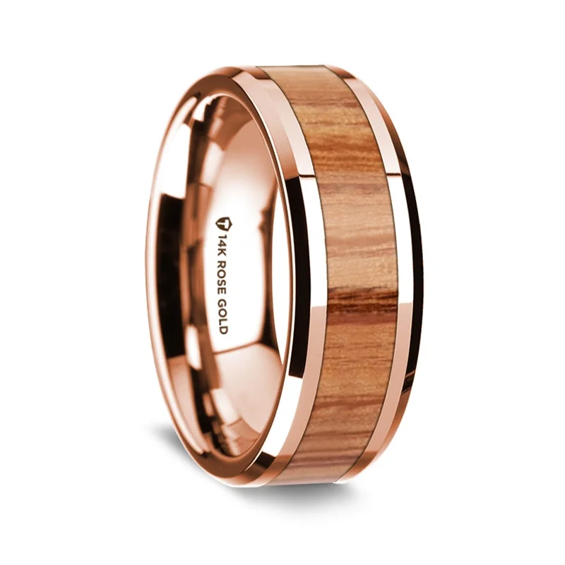 Elegant rings with pearl accents-14k Rose Gold Men's Wedding Band with Red Oak Wood Inlay