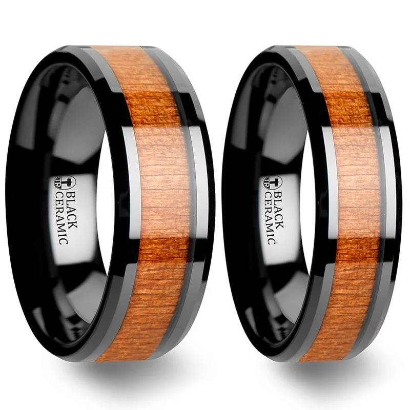 Stunning engagement rings with diamonds-Black Cherry Wood Inlaid Black Ceramic Couple's Matching Wedding Band Set