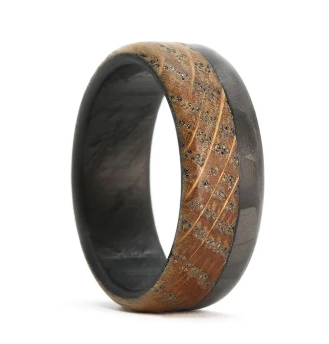 Personalized rings with names-Carbon Fiber & Whiskey Barrel Wood Men's Wedding Band