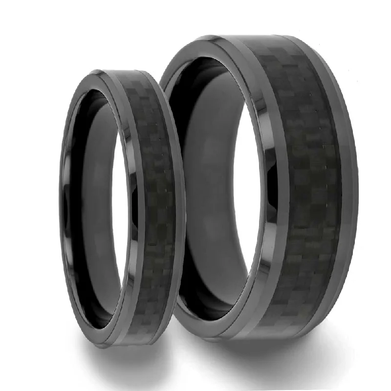 Elegant gold rings for women-Black Carbon Fiber Inlay Ceramic Couple's Matching Wedding Band Set