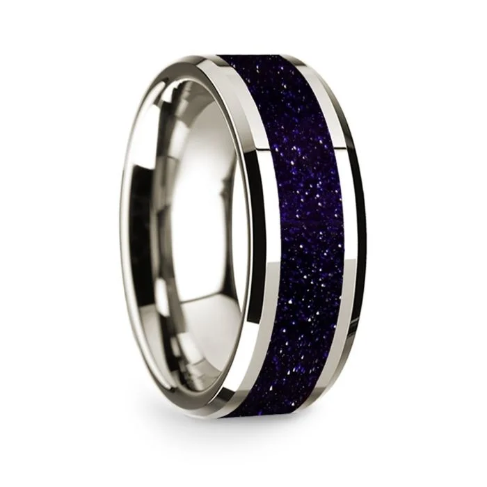 Unique gemstone rings for women-14k White Gold Men's Wedding Band with Purple Goldstone Inlay