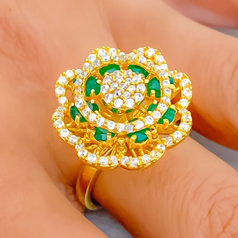 Classic diamond rings with intricate settings-Grand Dressy Floral 22k Gold CZ Ring