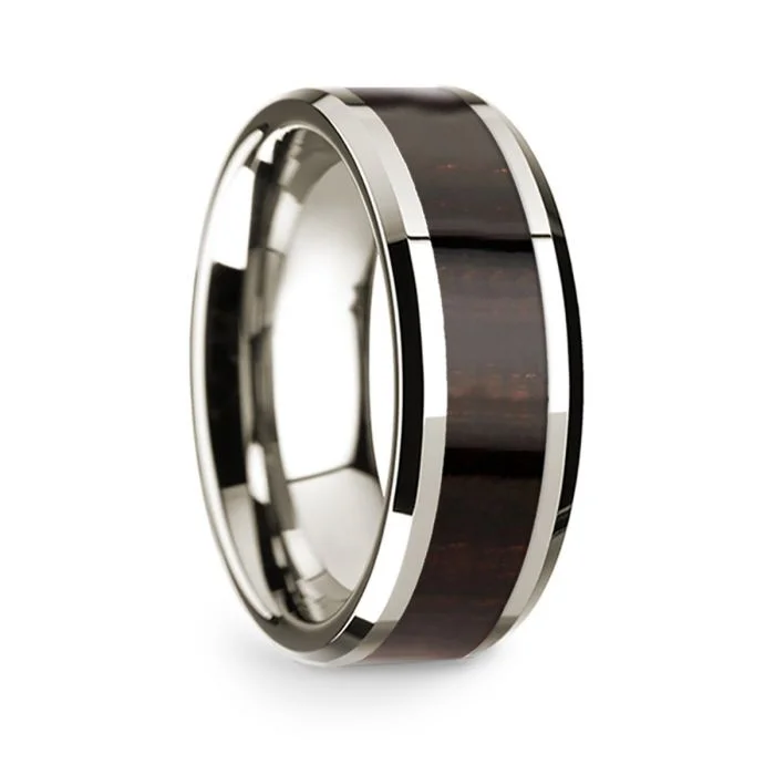 Simple wedding rings for women-14k White Gold Men's Wedding Band with Ebony Wood Inlay