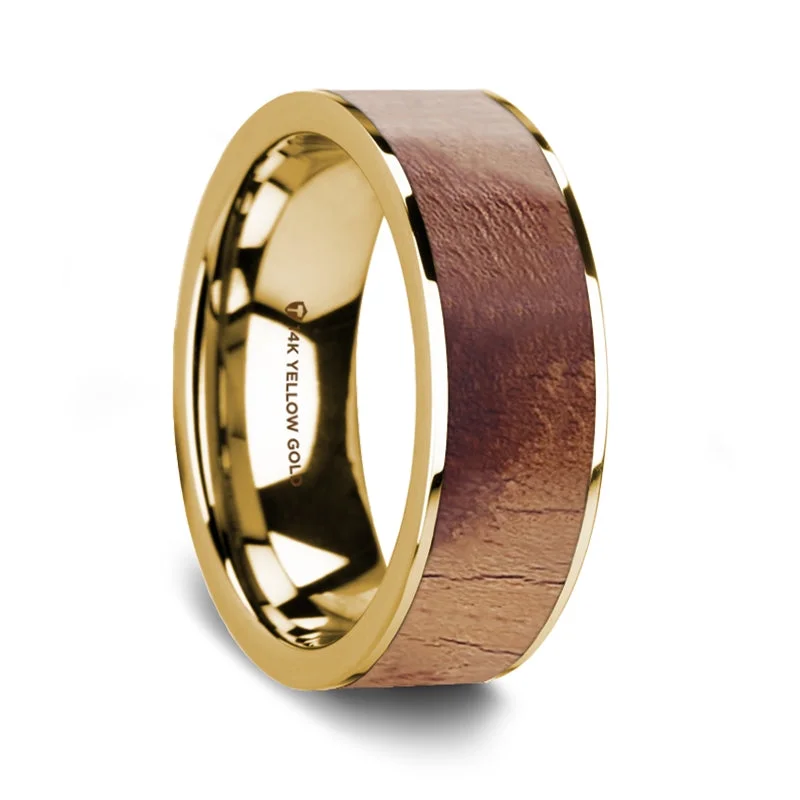 Designer rings for women-Olive Wood Inlay 14k Yellow Gold Men's Wedding Band