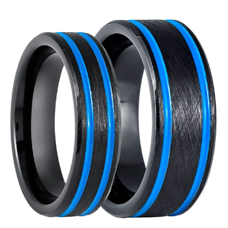 Stylish rings with multicolored gemstones-Black Tungsten Couple's Matching Wedding Band Set with Blue Grooves