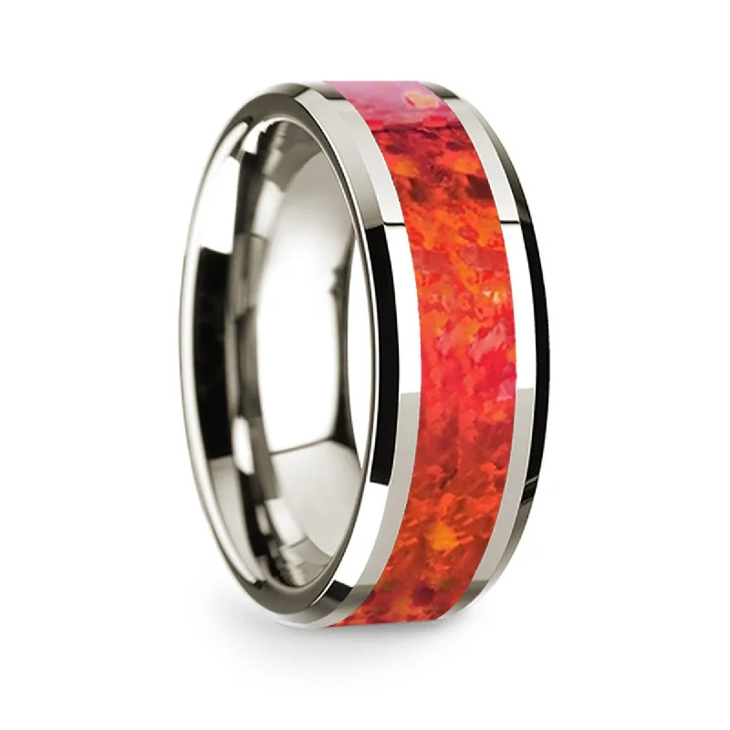 Beautiful rings with garnet stones-14k White Gold Men's Wedding Band with Red Opal Inlay