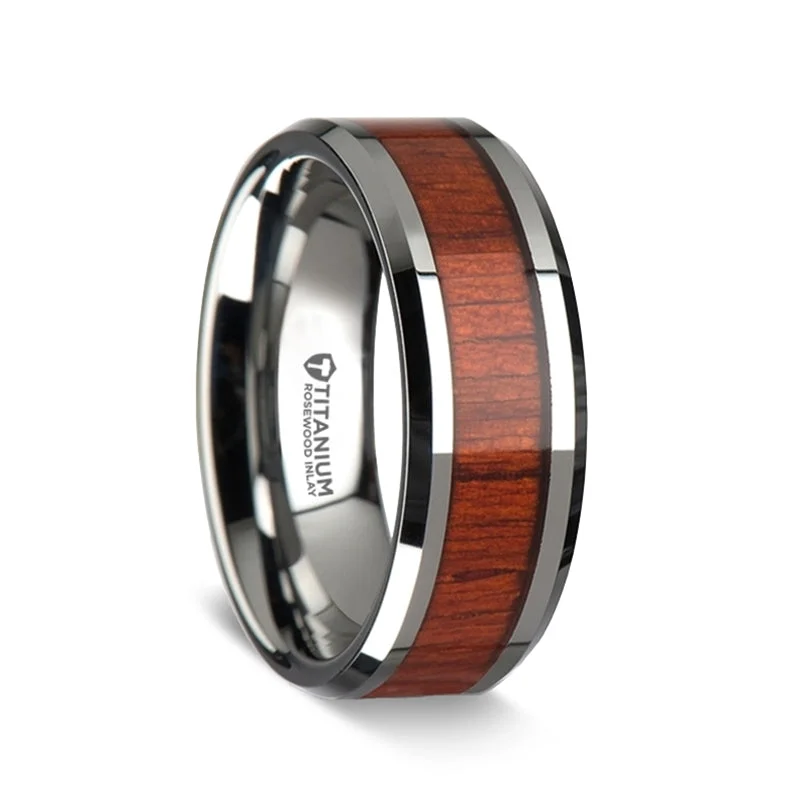 Classic rings with emerald-cut diamonds-Titanium Wedding Band with Rosewood Inlay