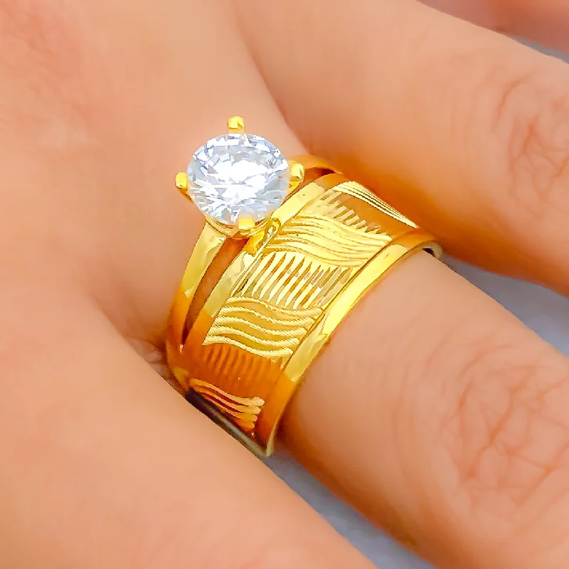 Elegant rings for special occasions-Wave Band 22k Gold CZ Ring w/ Solitaire