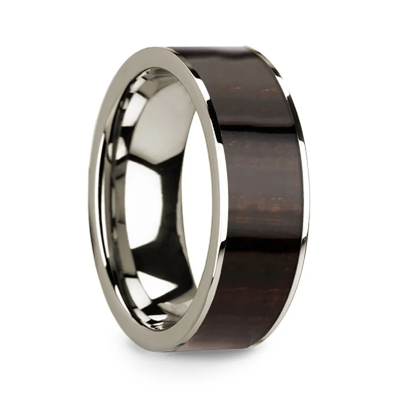 Elegant platinum rings for women-Ebony Wood Inlay 14k White Gold Men's Wedding Band