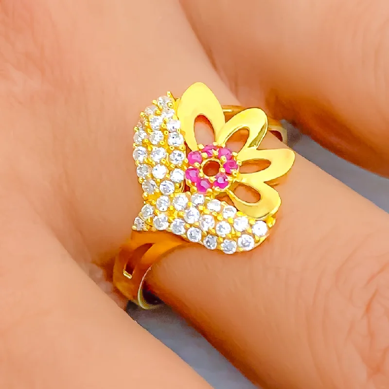 Stunning engagement rings with diamonds-Asymmetrical Floral 22k Gold CZ Ring