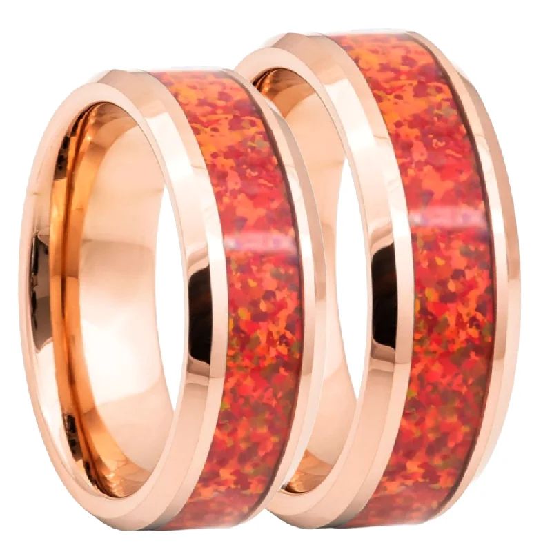 Affordable gemstone rings-Red Opal Inlaid Rose Gold Tungsten Couple's Matching Wedding Band Set