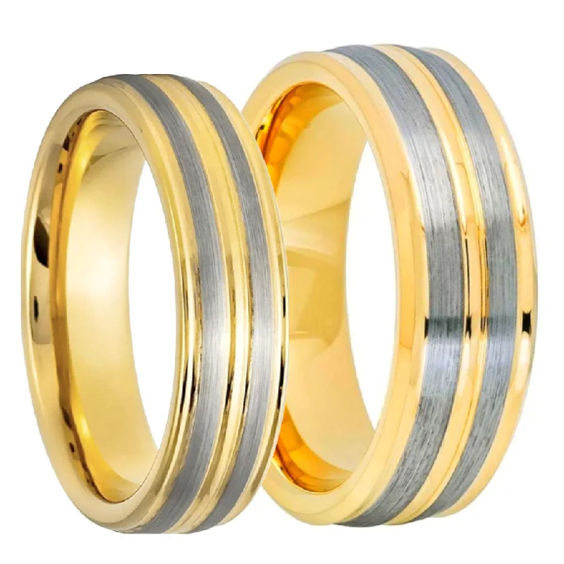 Stunning engagement rings with diamonds-Silver Grooved Gold Tungsten Couple's Matching Wedding Band Set