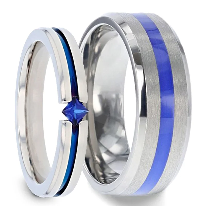 Elegant platinum rings for women-Blue Stripe Couple's Matching Titanium Wedding Band Set