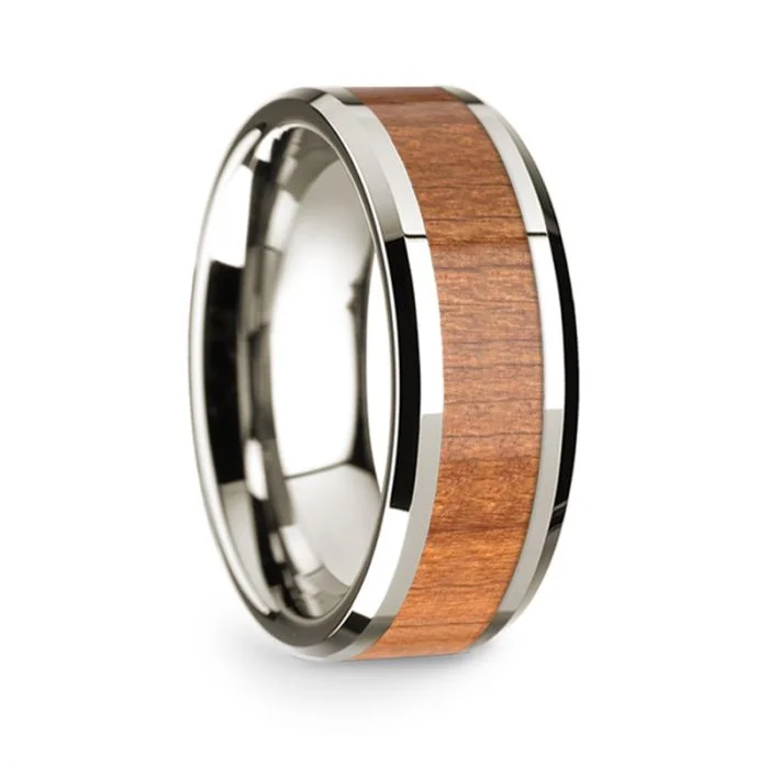 Antique-style rings for women-14k White Gold Men's Wedding Band with Sapele Wood Inlay