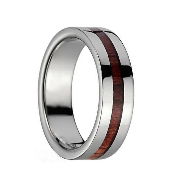 Diamond-encrusted rings for women-Titanium Wedding Band with Narrow Hawaiian Koa Wood Inlay