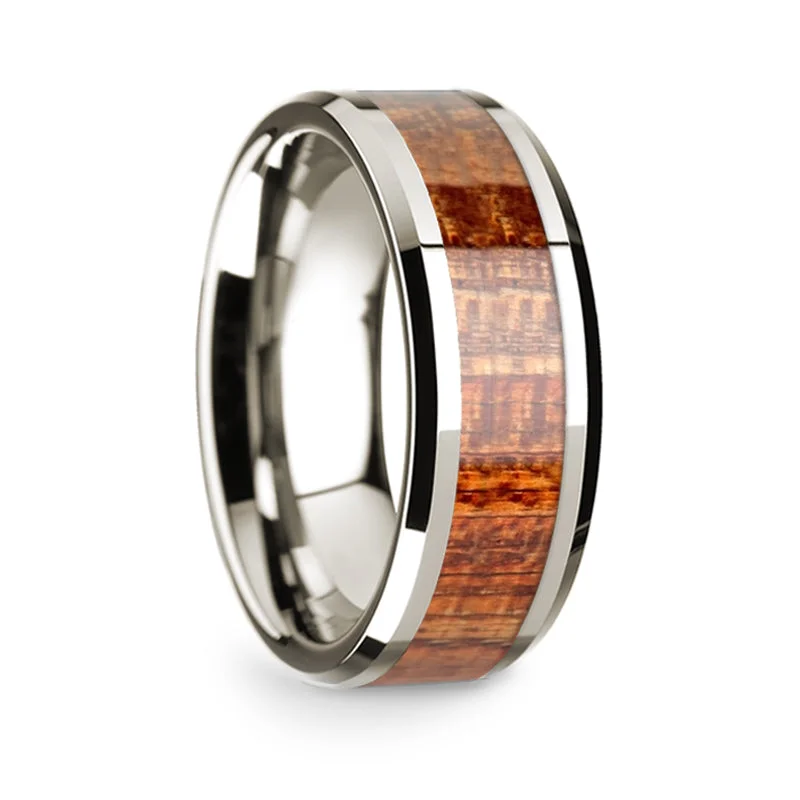 Designer rings for women-14k White Gold Men's Wedding Band with Mahogany Wood Inlay