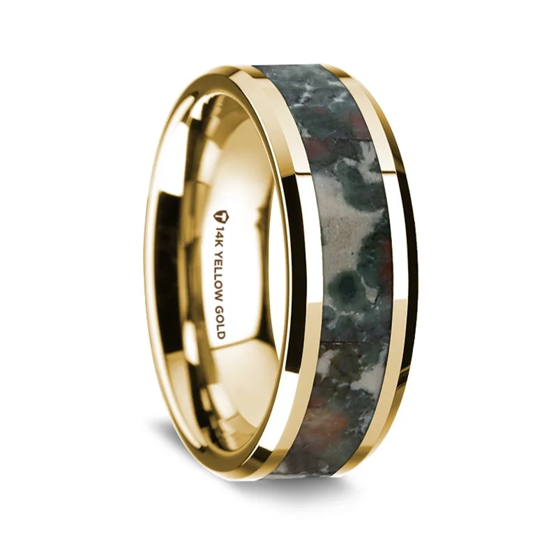 Unique rings with black diamonds-14k Yellow Gold Men's Wedding Band with Coprolite Inlay