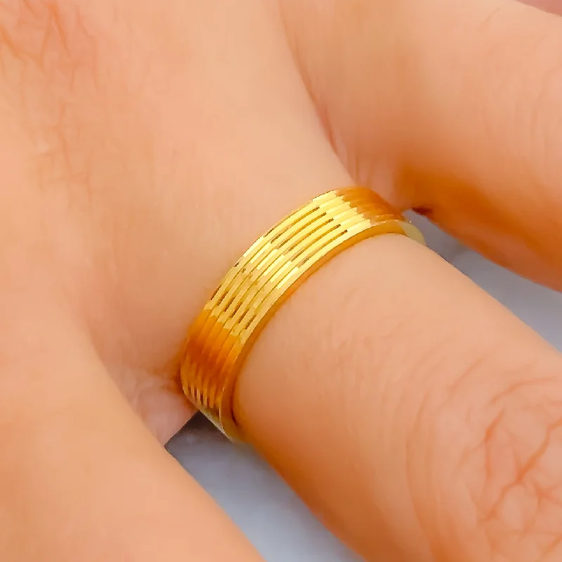 Stylish rings with multicolored gemstones-Iconic Lustrous Striped 22k Gold Band