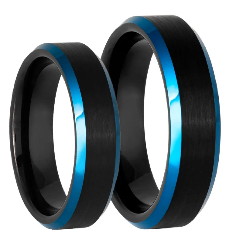 Affordable rings for budget-conscious buyers-Black Brushed Tungsten Couple's Matching Wedding Band Set with Beveled Blue Edges