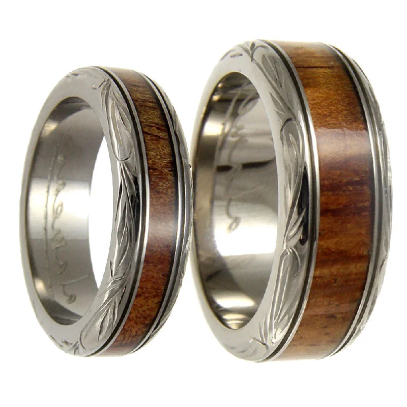 Beautiful diamond rings for special events-Koa Wood Inlay Titanium Couple's Matching Wedding Band Set with Scroll Pattern