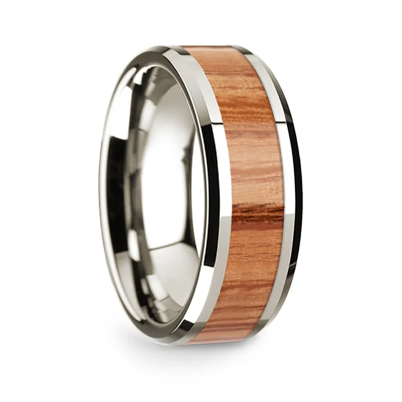 Affordable rings for budget-conscious buyers-14k White Gold Men's Wedding Band with Red Oak Wood Inlay