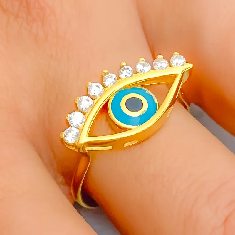 Custom-designed diamond rings-Distinct Trendy Evil Eye 21k Gold CZ Ring