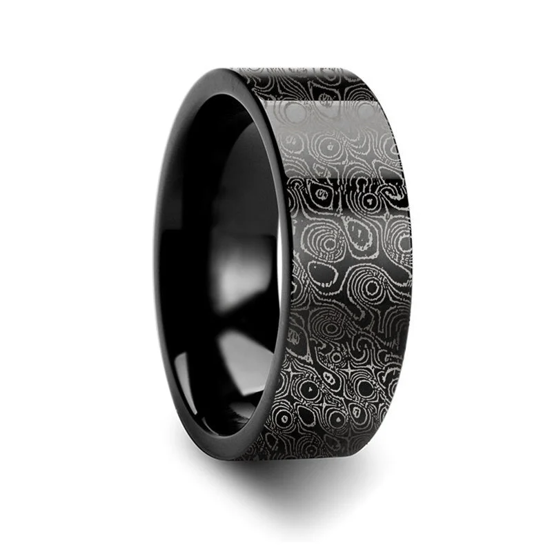 Simple engagement rings for her-Damascus Steel Swirl Pattern Engraved Black Tungsten Men's Wedding Band