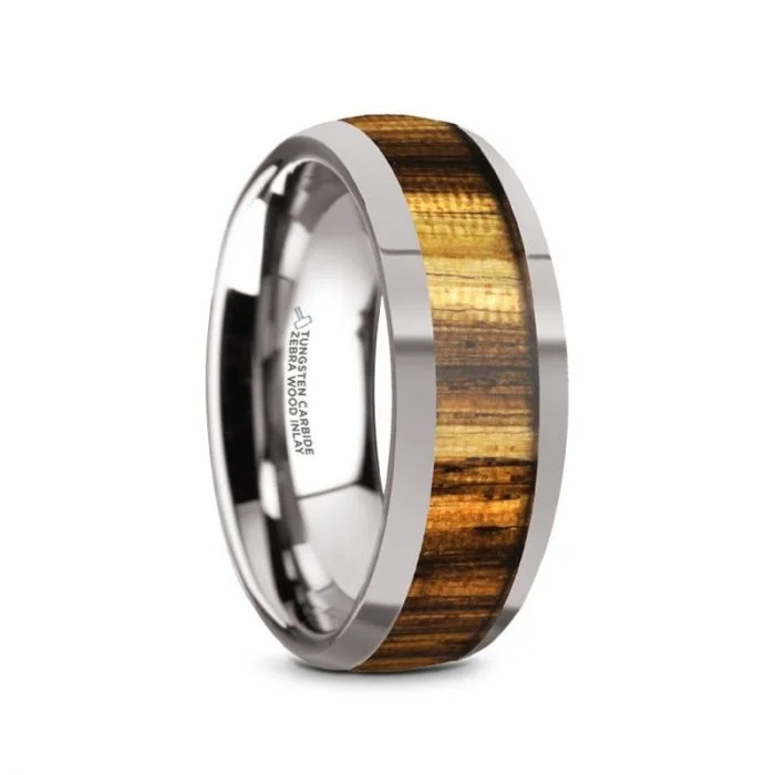 Custom rings with birthstone accents-Tungsten Men's Wedding Band with Zebra Wood Inlay