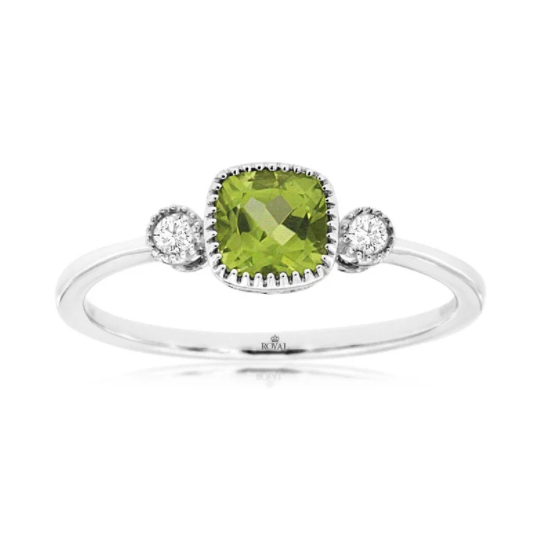 Elegant engagement rings with pave bands-Cushion Cut Green Peridot and Round Diamond Three Stone Ring in White Gold