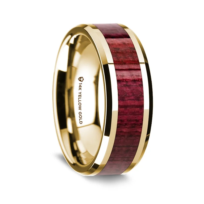 Stackable rings for women-14k Yellow Gold Men's Wedding Band with Purpleheart Wood Inlay