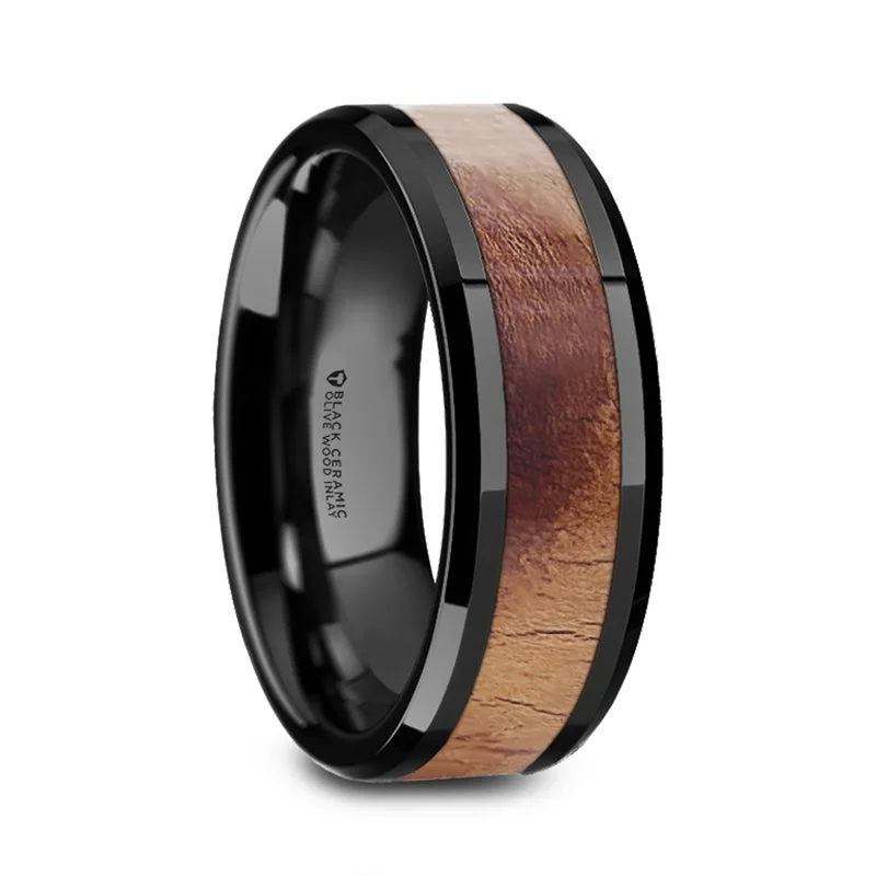 Stunning diamond wedding rings-Black Ceramic Wedding Band with Olive Wood Inlay