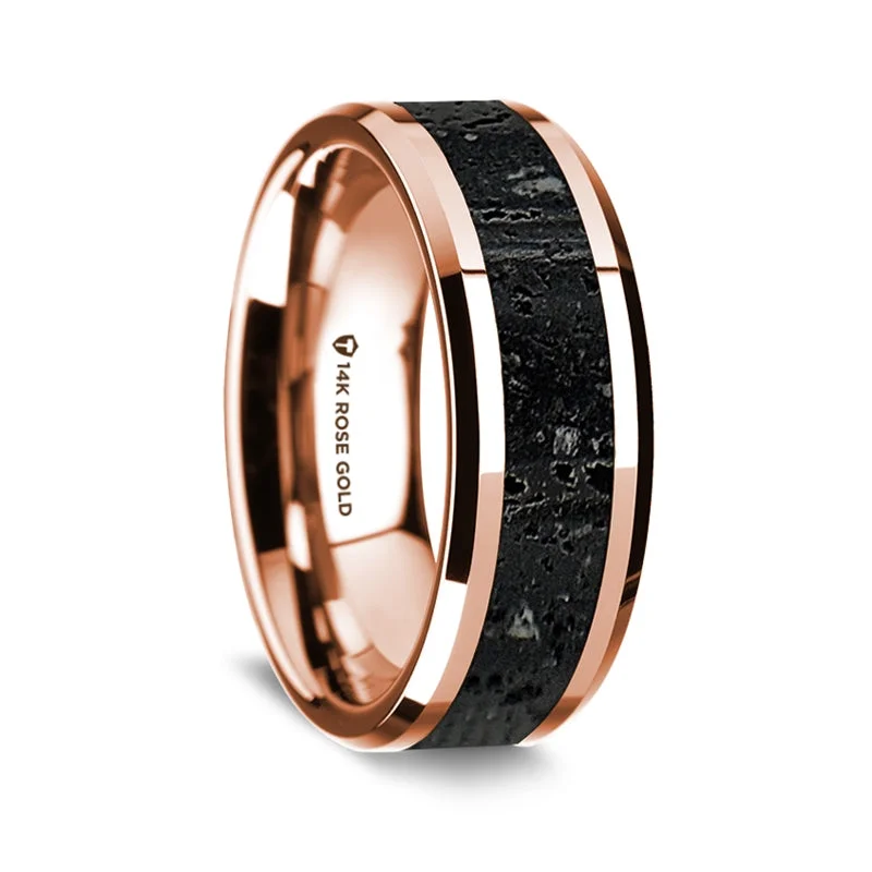 Vintage-style rings with rubies-14k Rose Gold Men's Wedding Band with Lava Rock Inlay