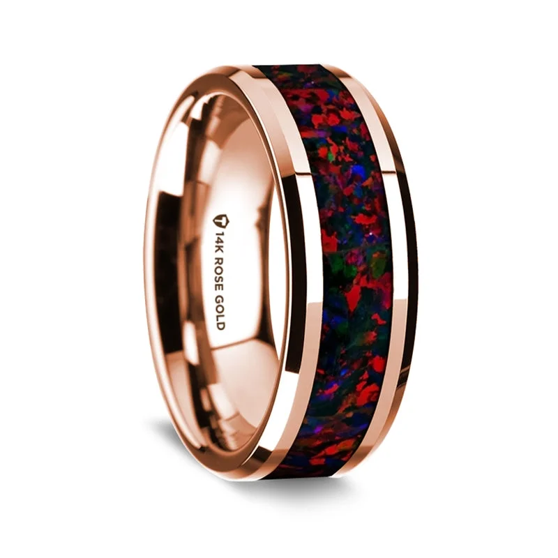 Classic rings with round-cut diamonds-14k Rose Gold Men's Wedding Band with Black & Red Opal Inlay