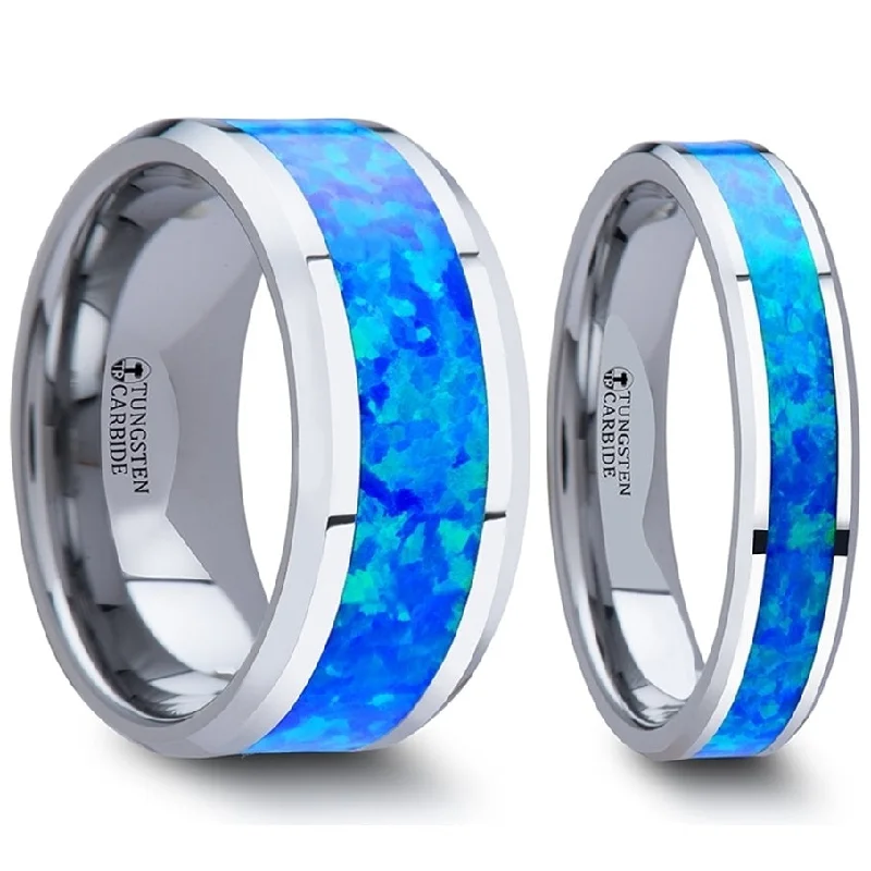 Beautiful rings with moonstones-Blue Green Opal Inlay Tungsten Couple's Matching Wedding Band Set