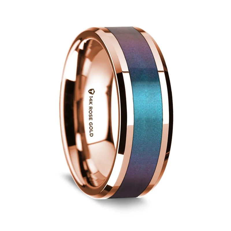 Custom rings with custom initials-14k Rose Gold Men's Wedding Band with Blue & Purple Color Changing Inlay