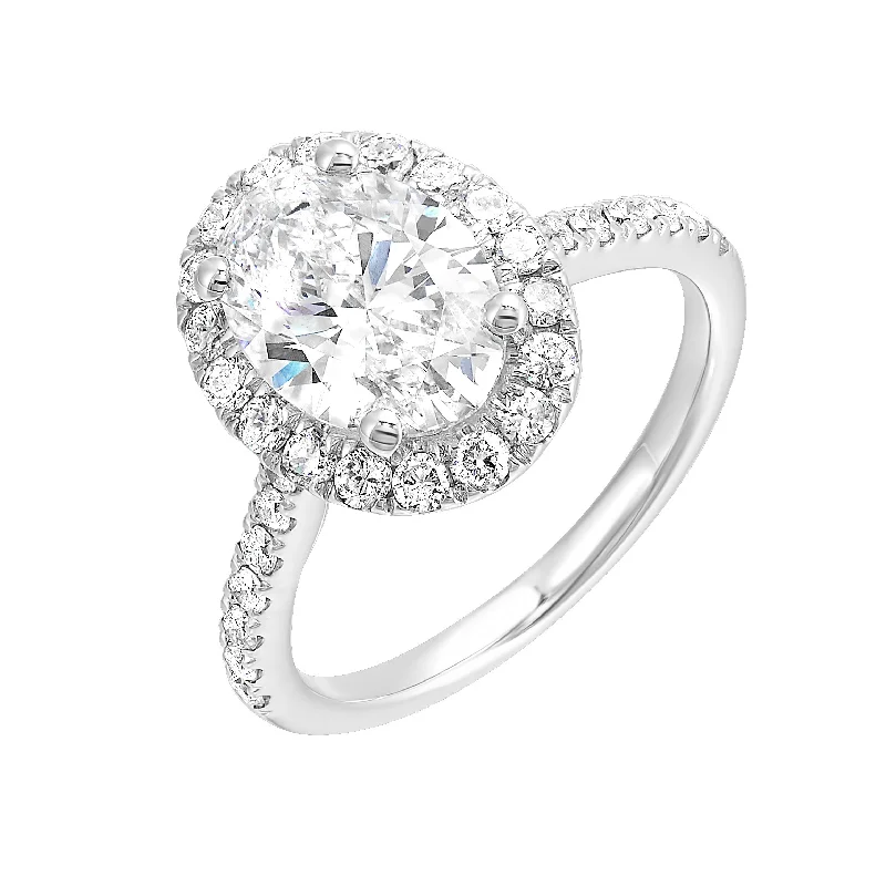 Classic engagement rings with emerald accents-Lab-Created Oval Diamond Halo Engagement Ring in White Gold, 2.63 cttw