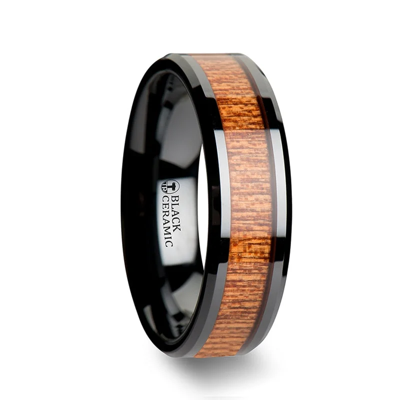 Custom rings with birthstones-Black Ceramic Men's Wedding Band with Sapele Wood Inlay