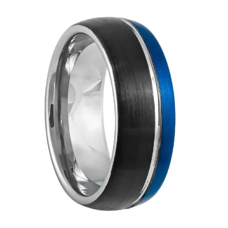 Beautiful wedding rings with sapphires-Black & Blue Asymmetrical Grooved Tungsten Men's Wedding Band