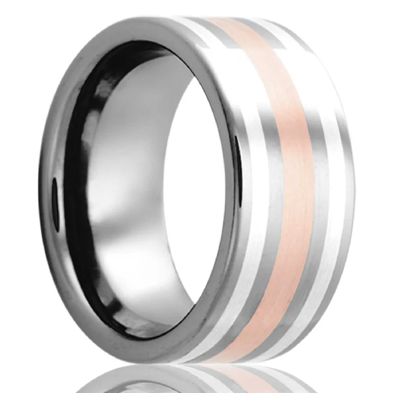 Wedding rings with diamonds and sapphires-14k Rose Gold & Argentium Silver Inlay Tungsten Wedding Band