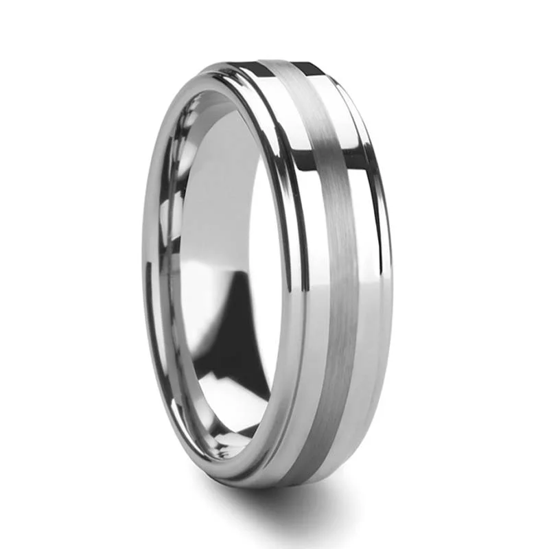 Elegant rings for formal events-Brushed Stripe Tungsten Men's Wedding Band