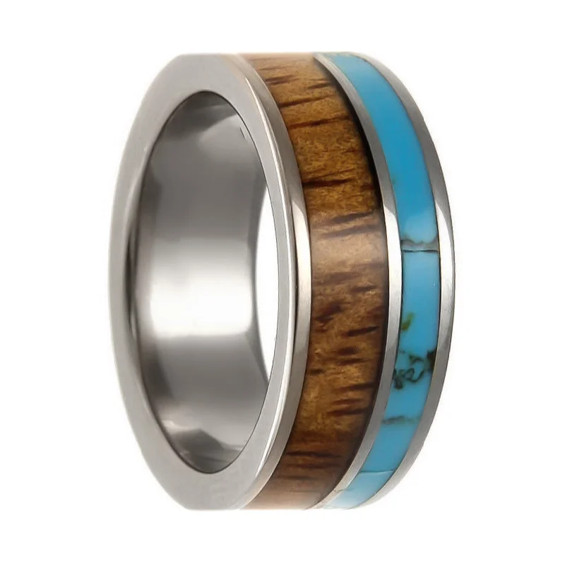 Bold statement rings for women-Turquoise & Hawaiian Koa Wood Inlay Men's Titanium Wedding Band