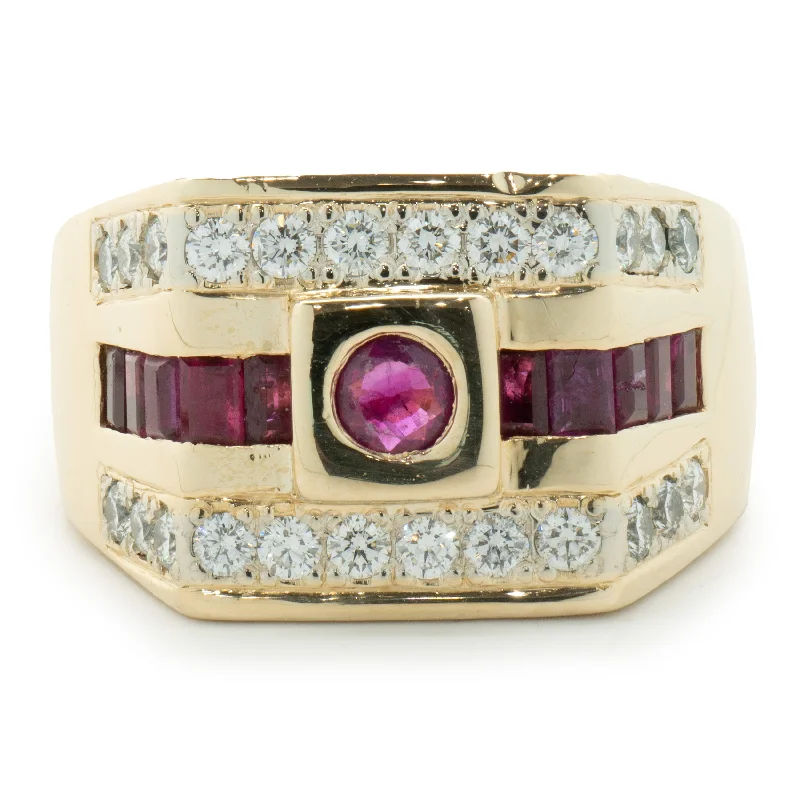 Unique engagement rings with diamond accents-14 Karat Yellow Gold Diamond and Ruby Three Row Signet Style Ring