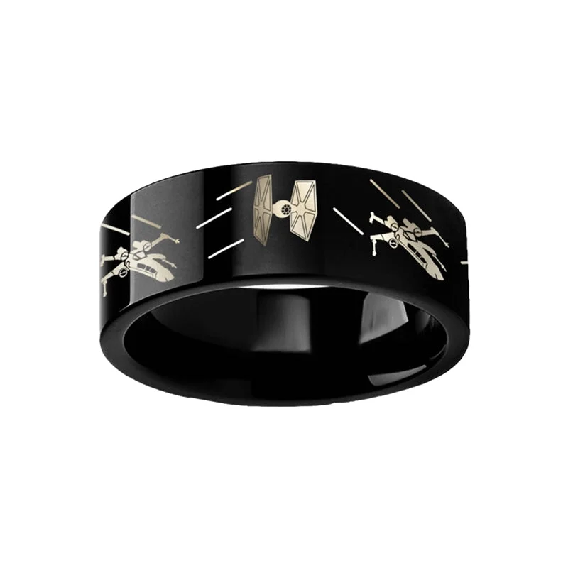 Stackable rings for women-Star Wars Tie Fighter X Wing Black Tungsten Men's Wedding Band