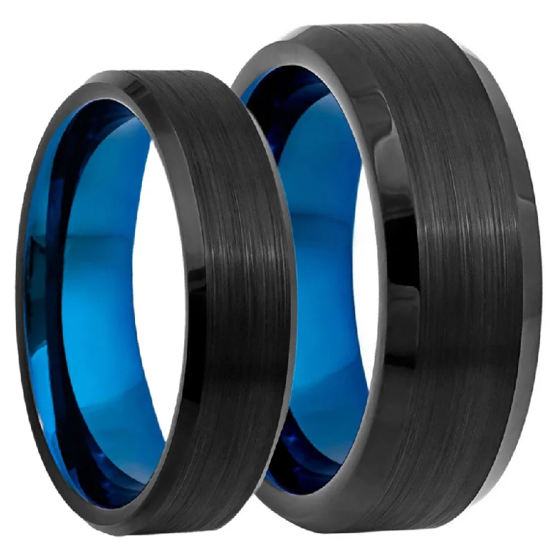 Silver rings with diamond accents-Black Brushed Tungsten Couple's Matching Wedding Band Set with Blue Interior