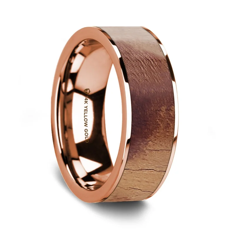 Affordable wedding rings for women-Olive Wood Inlay 14k Rose Gold Men's Wedding Band